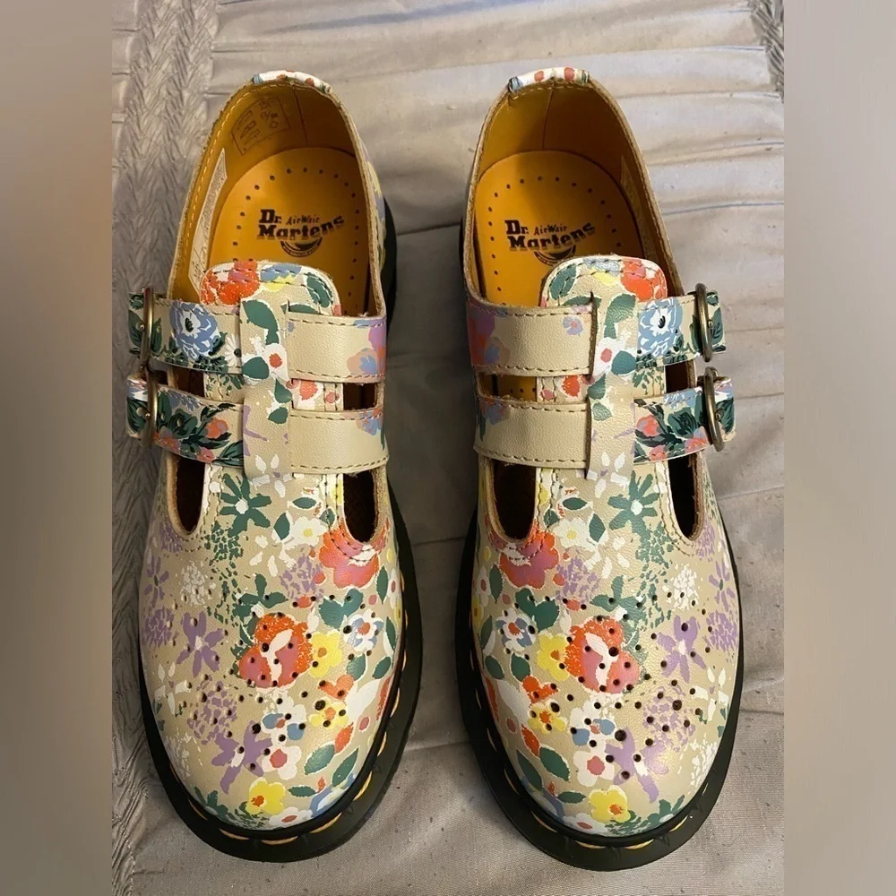 NWOT Dr. Martens 8065‎ Floral Mash Up Leather Mary Jane 'Parchment Beige Size 5 - Picture 4 of 13